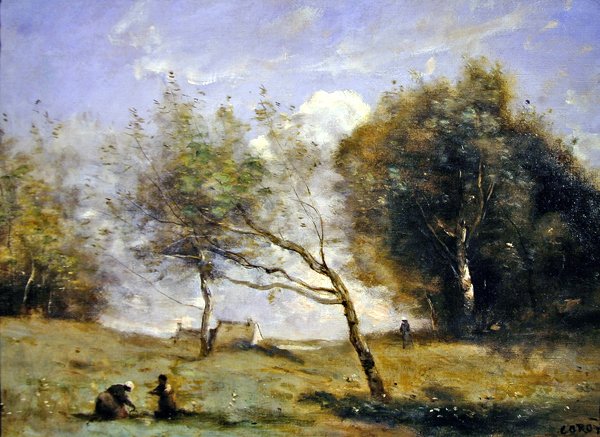 Pienen maatilan ympäristö (öljy kankaalle) tekijältä Jean Baptiste Camille Corot