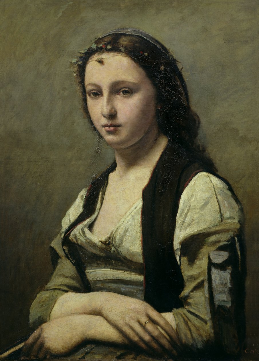 The Woman with the Pearl, n. 1842 (öljy kankaalle) tekijältä Jean Baptiste Camille Corot