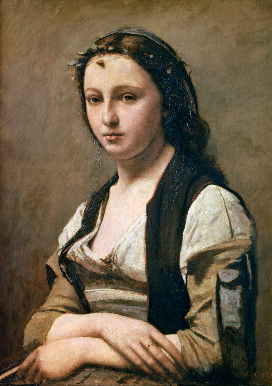 Nainen helmen kanssa, n. 1842 tekijältä Jean Baptiste Camille Corot