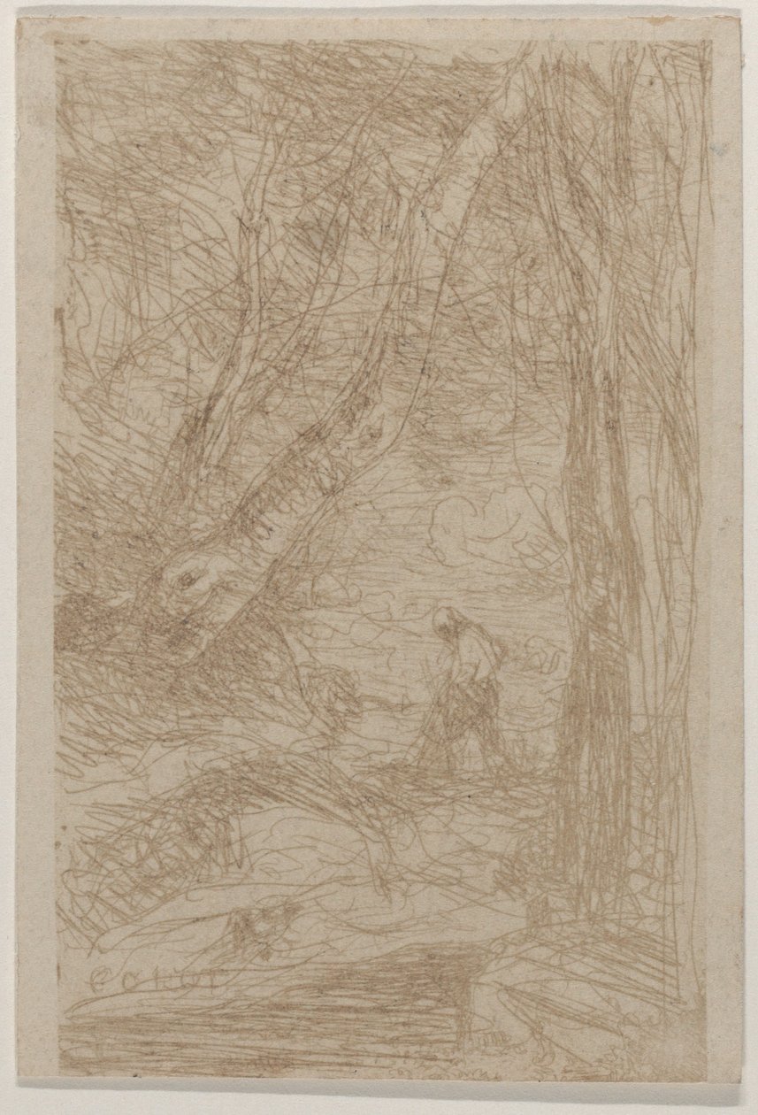Rembrandtin puunhakkaaja Le Bûcheron de Rembrandt, toukokuu 1853. tekijältä Jean Baptiste Camille Corot