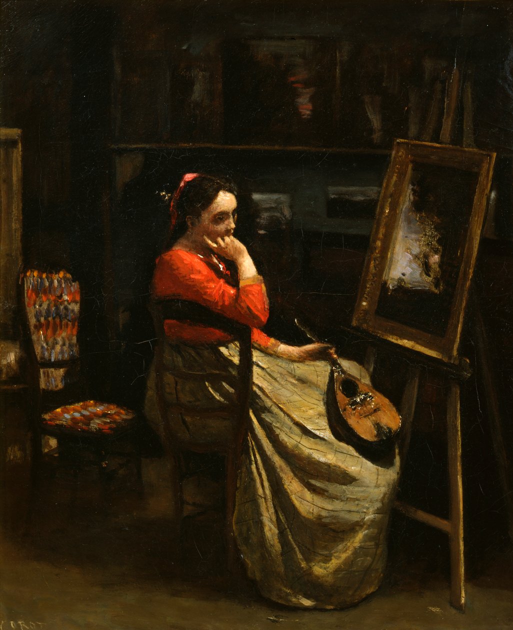 Corotin työpaja, nuori nainen punaisella puserolla, 1865-1870. tekijältä Jean Baptiste Camille Corot