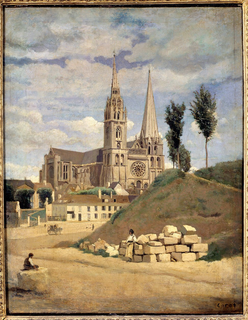 Chartresin katedraali. Chartresin katedraalin (Notre-Dame) ulkonäkymä - Camille Corotin (1796-1875) maalaus tekijältä Jean Baptiste Camille Corot