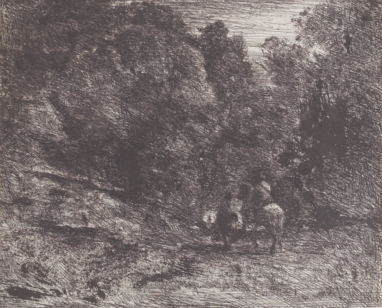 Kaksi matkustajaa metsässä Ratsastaja metsässä ja jalankulkija, 1854. tekijältä Jean Baptiste Camille Corot