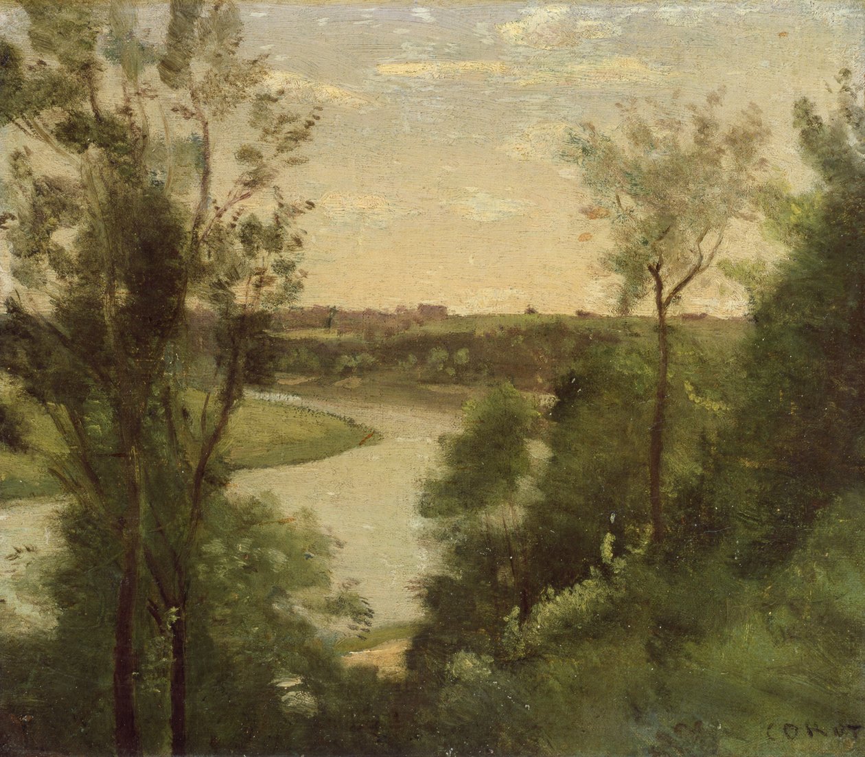 Joki ylhäältä nähtynä puiden välistä tekijältä Jean Baptiste Camille Corot