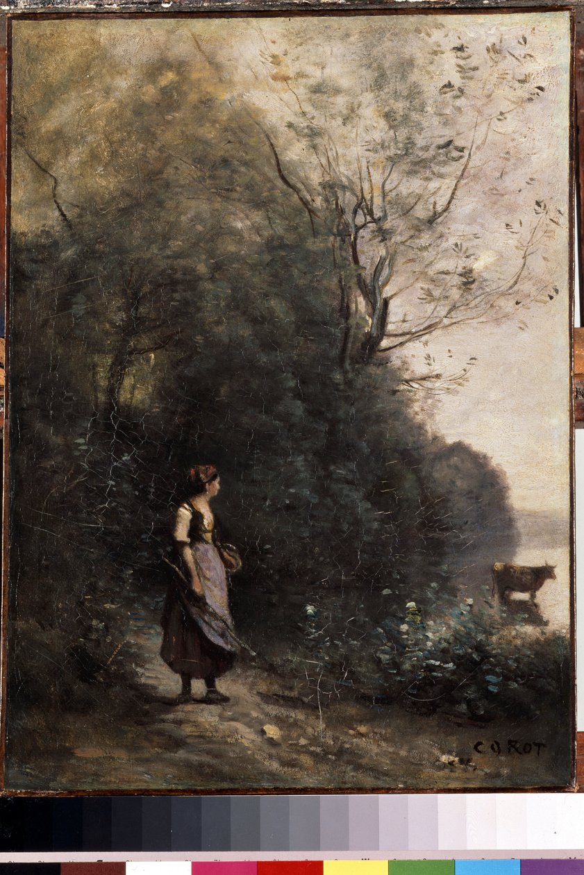 ""Paimentar ja hänen lehmälauma metsän reunassa"" (Paimentar lehmän kanssa metsän reunassa) Camille Corotin (1796-1875) maalaus 1865-1870 Koko 47,5x35 cm Eremitaasin museo , Pietari tekijältä Jean Baptiste Camille Corot
