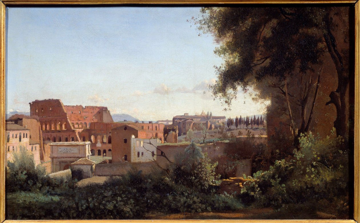 Näkymä Colisseelle (Colosseo) Roomassa Farnese Gardensista Camille Corotin (1796-1875) maalaus 1826 su. 0,3x0,49 m tekijältä Jean Baptiste Camille Corot
