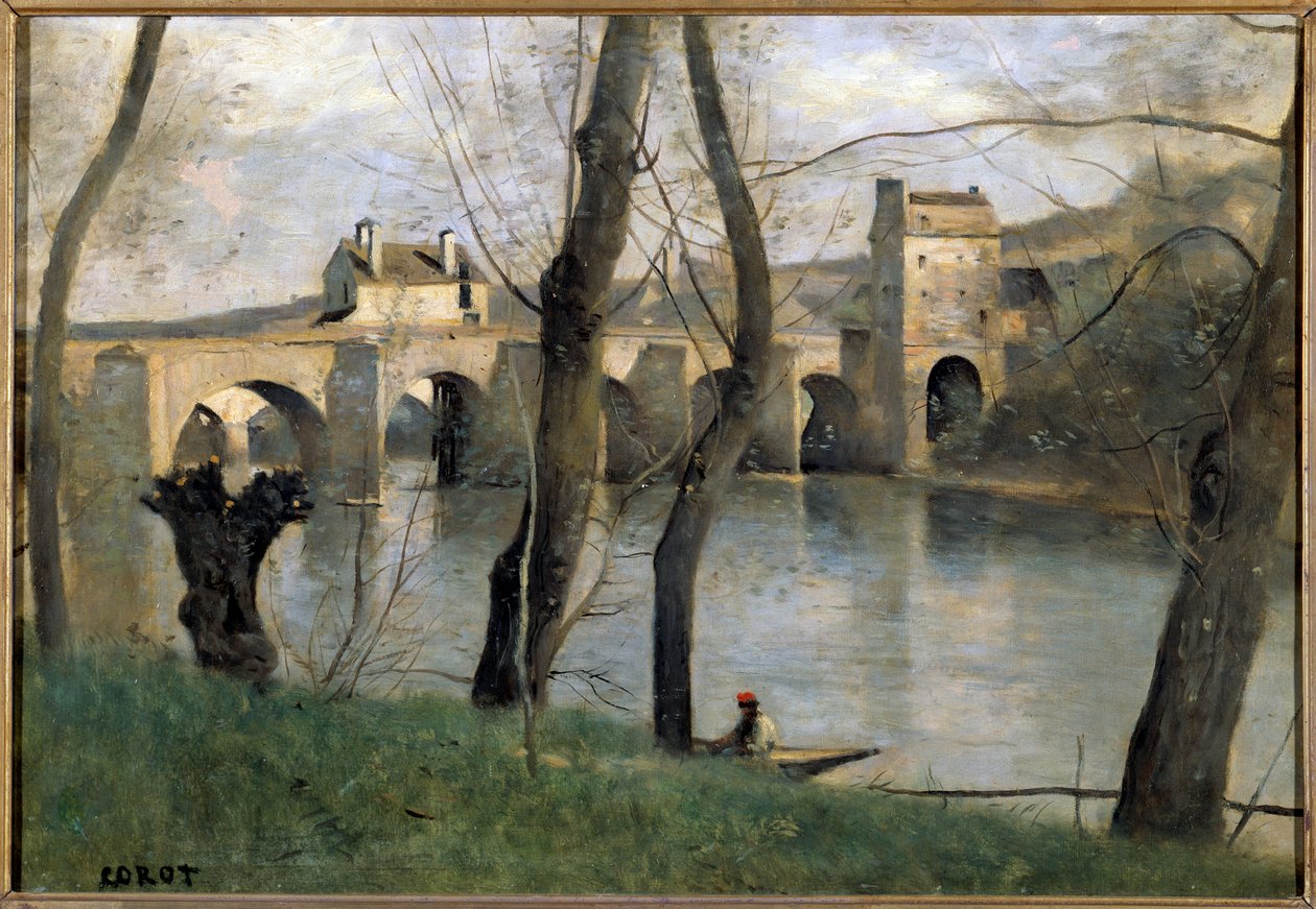 Näkymä Mantesin sillalta Camille Corotin (1796-1875) maalaus 1800-luvun aurinko. 0,38x0,55 m Pariisin Louvre-museo tekijältä Jean Baptiste Camille Corot