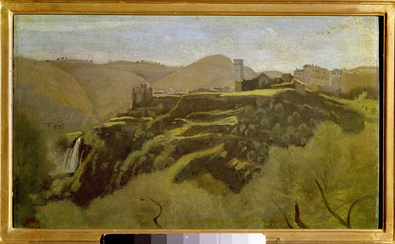 Näkymä kaskatelleista: Tivoli Maalaus Camille Corot (1796-1875) 1800-luvun su. 0,26x0,41 m. tekijältä Jean Baptiste Camille Corot
