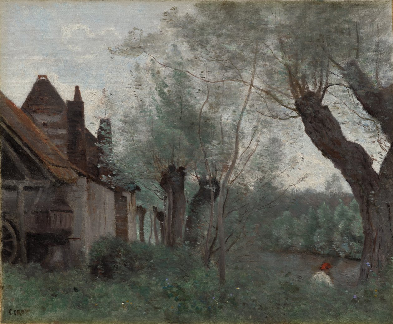 Pajut ja maalaistalo Sainte-Catherine-lès-Arrasissa tekijältä Jean Baptiste Camille Corot