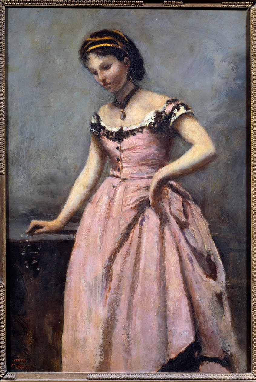 Nuori tyttö vaaleanpunaisella mekolla Camille Corotin (1796-1875) maalaus 1800-luvun su. 0,46x0,32 m Pariisi, musee d