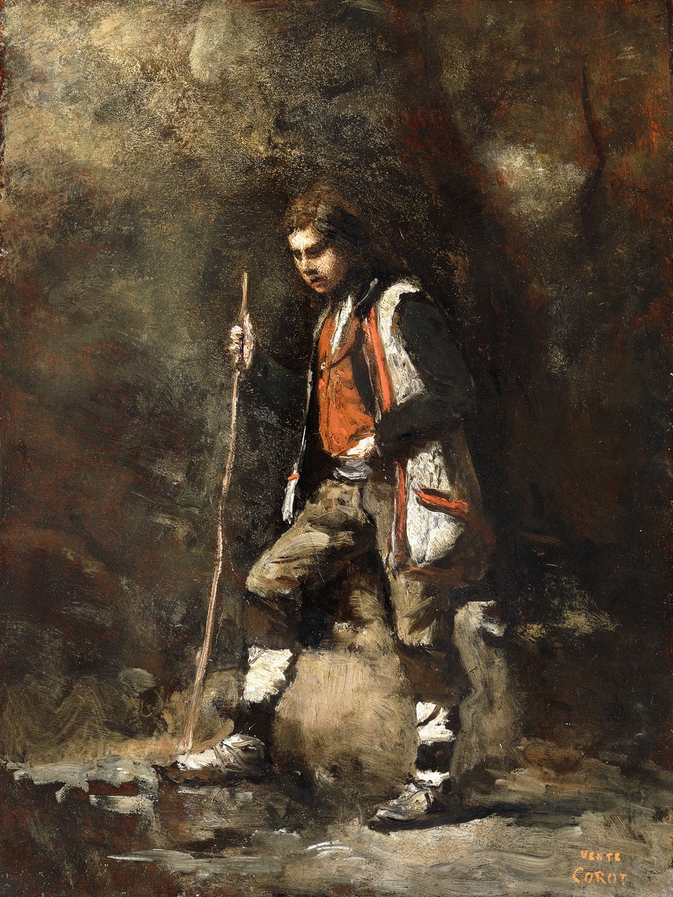 Nuori italialainen poika vuorella; Nuori italialainen Patre vuorella, n. 1845-55 tekijältä Jean Baptiste Camille Corot