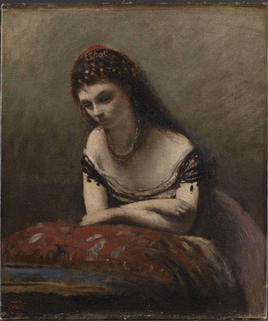 Nuori nainen nojaa tyynylle, n. 1870-72 (öljy kankaalle) tekijältä Jean Baptiste Camille Corot