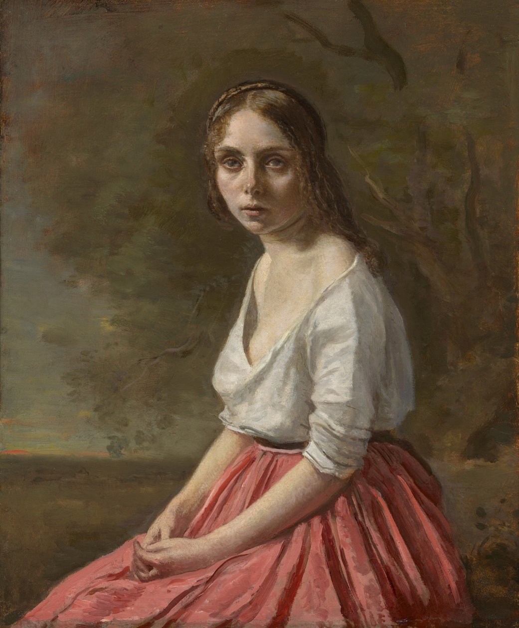 Nuori nainen vaaleanpunaisessa hameessa, n. 1845-1850 tekijältä Jean Baptiste Camille Corot