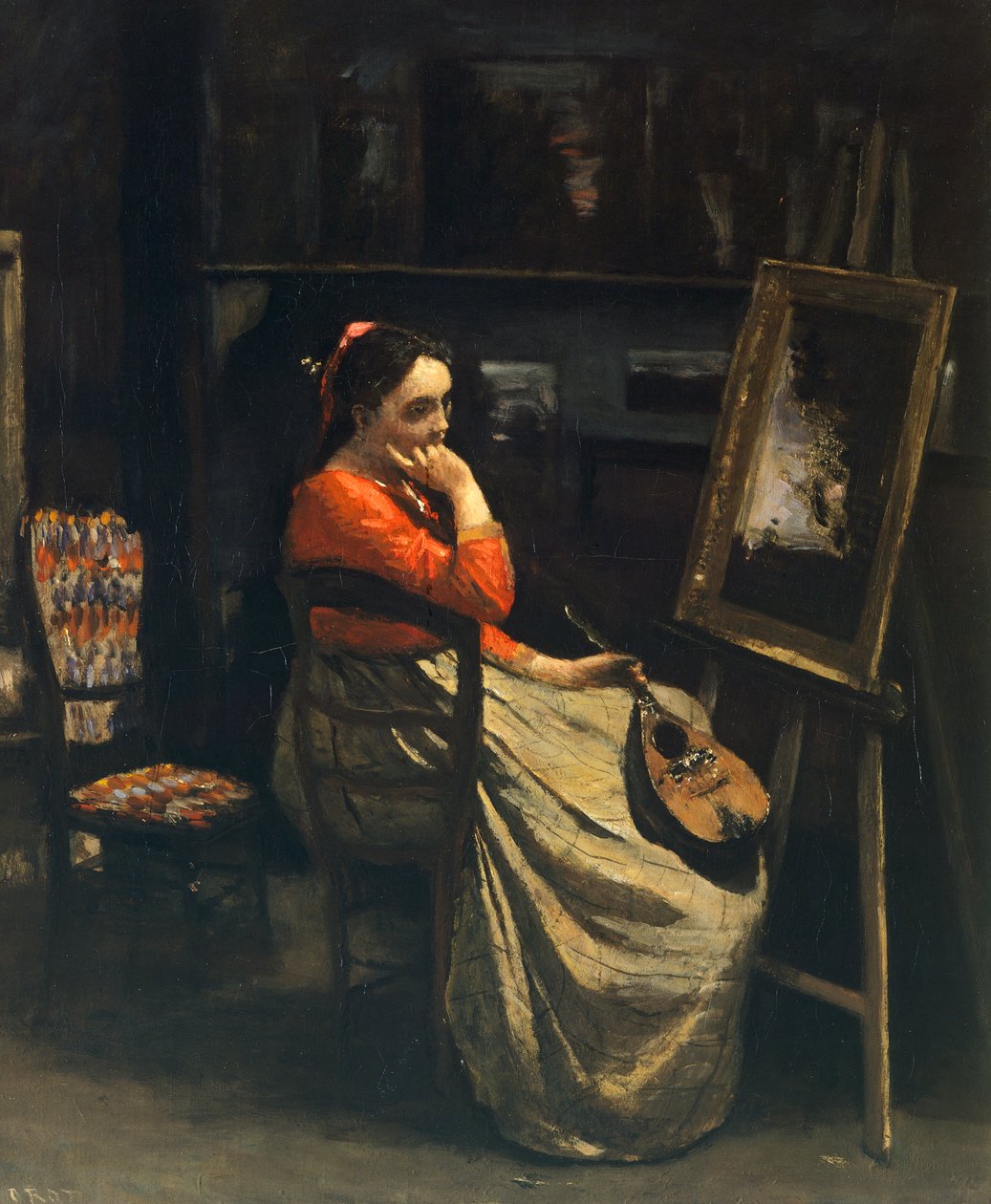 Nuori nainen mandoliinilla (Atelier la mandoline), kirjoittanut Jean-Baptiste Camille Corot (1796-1875) tekijältä Jean Baptiste Camille Corot