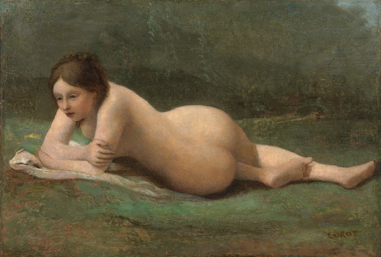 Nuori nainen makaamassa nurmikolla, n. 1850-60 tekijältä Jean Baptiste Camille Corot