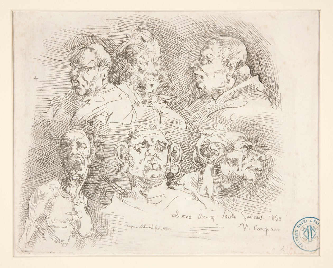Luonnoksia groteskeista päistä tekijältä Jean Baptiste Carpeaux