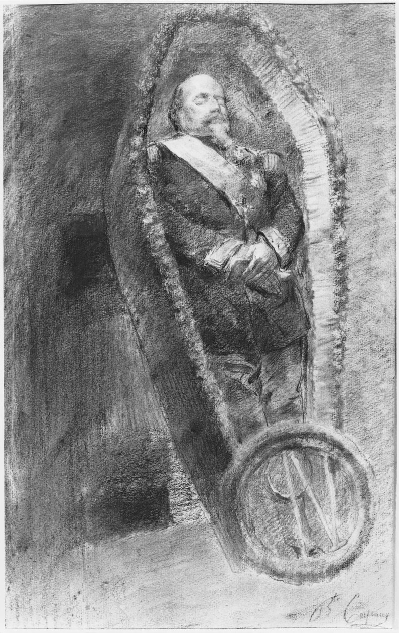 Keisari Napoleon III arkussaan 13. tammikuuta 1873 Chislehurstin kirkossa Englannissa pidetyn hautajaistilaisuuden aikana (hiili ja valkoinen liitu). tekijältä Jean Baptiste Carpeaux