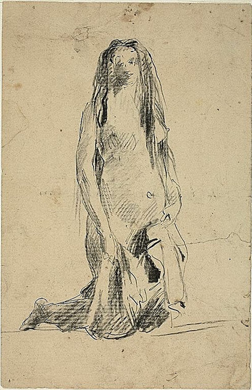 Polvistuva alaston nainen ja verhoilu tekijältä Jean Baptiste Carpeaux