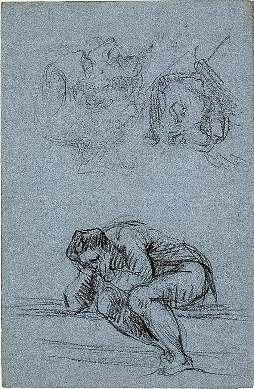 Istuva hahmo, jolla on pää käsissä, ja kaksi karikatyyriä (etusivu); neljä hahmoa lunetissa (kääntöpuoli). tekijältä Jean-Baptiste Carpeaux