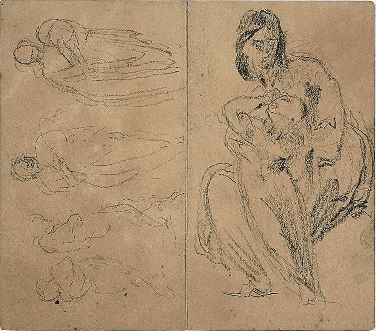 Luonnoksia: Istuva äiti ja lapsi (etusivu); Istuva äiti ja lapsi (kääntöpuoli). tekijältä Jean Baptiste Carpeaux