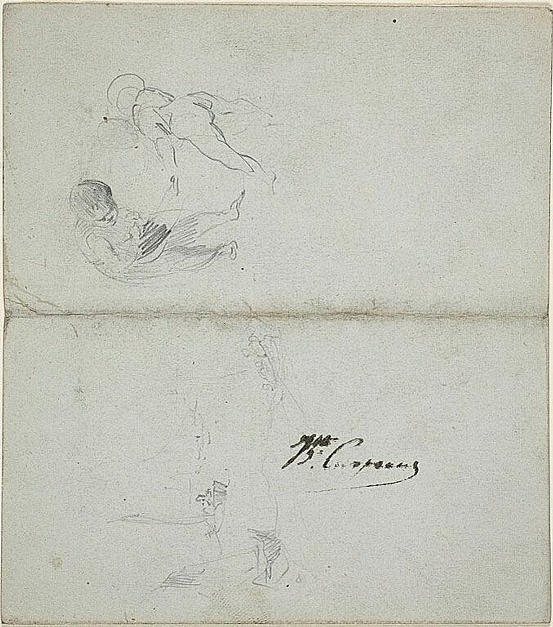 Luonnoksia kahdesta lapsesta, veneitä merellä (etusivu); luonnoksia astelevasta mieshenkilöstä, jolla on sauva kädessään, ja rannikkokuvasta (kääntöpuoli). tekijältä Jean Baptiste Carpeaux