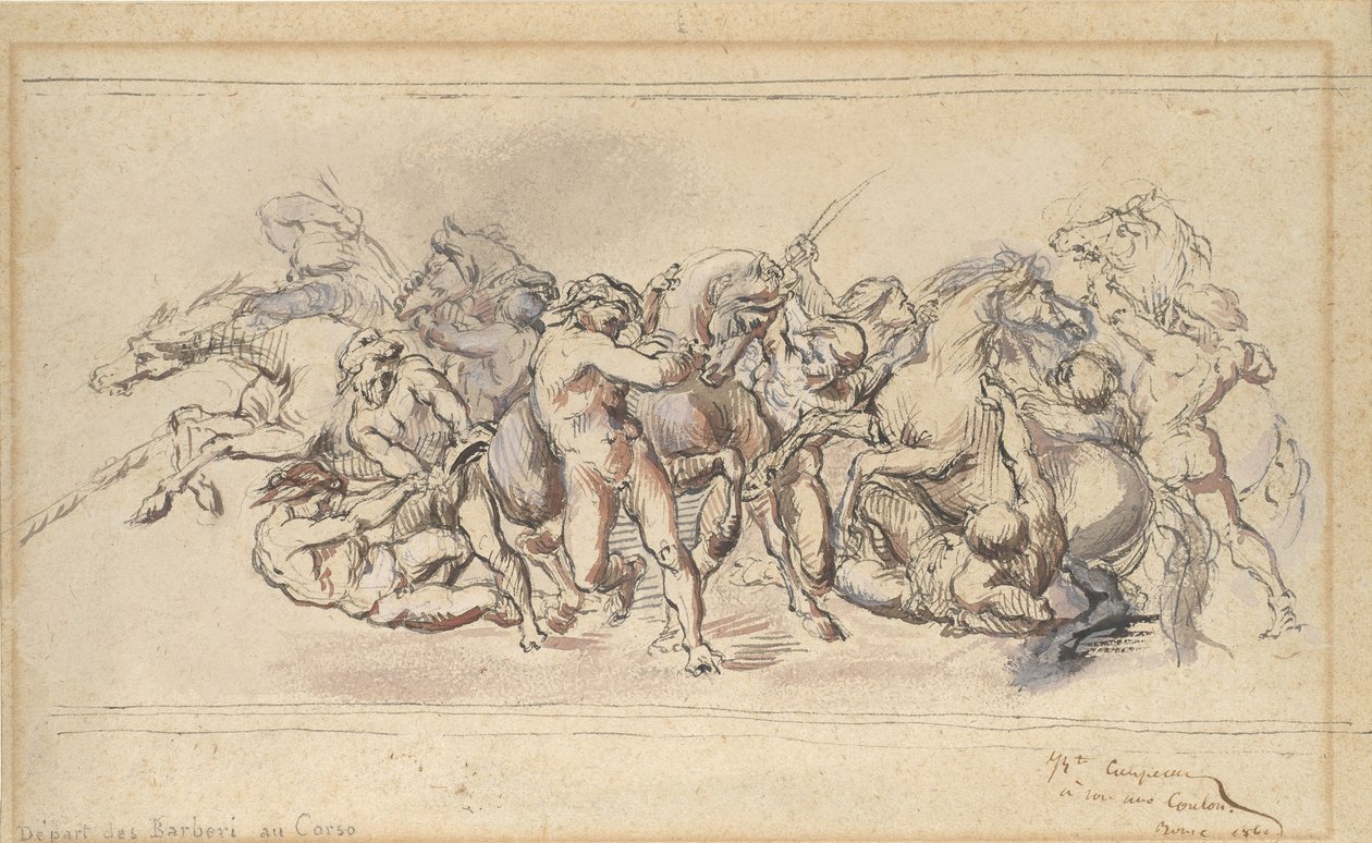 Barberi-hevosten kilpailun alku, Rooma, 1860. tekijältä Jean Baptiste Carpeaux