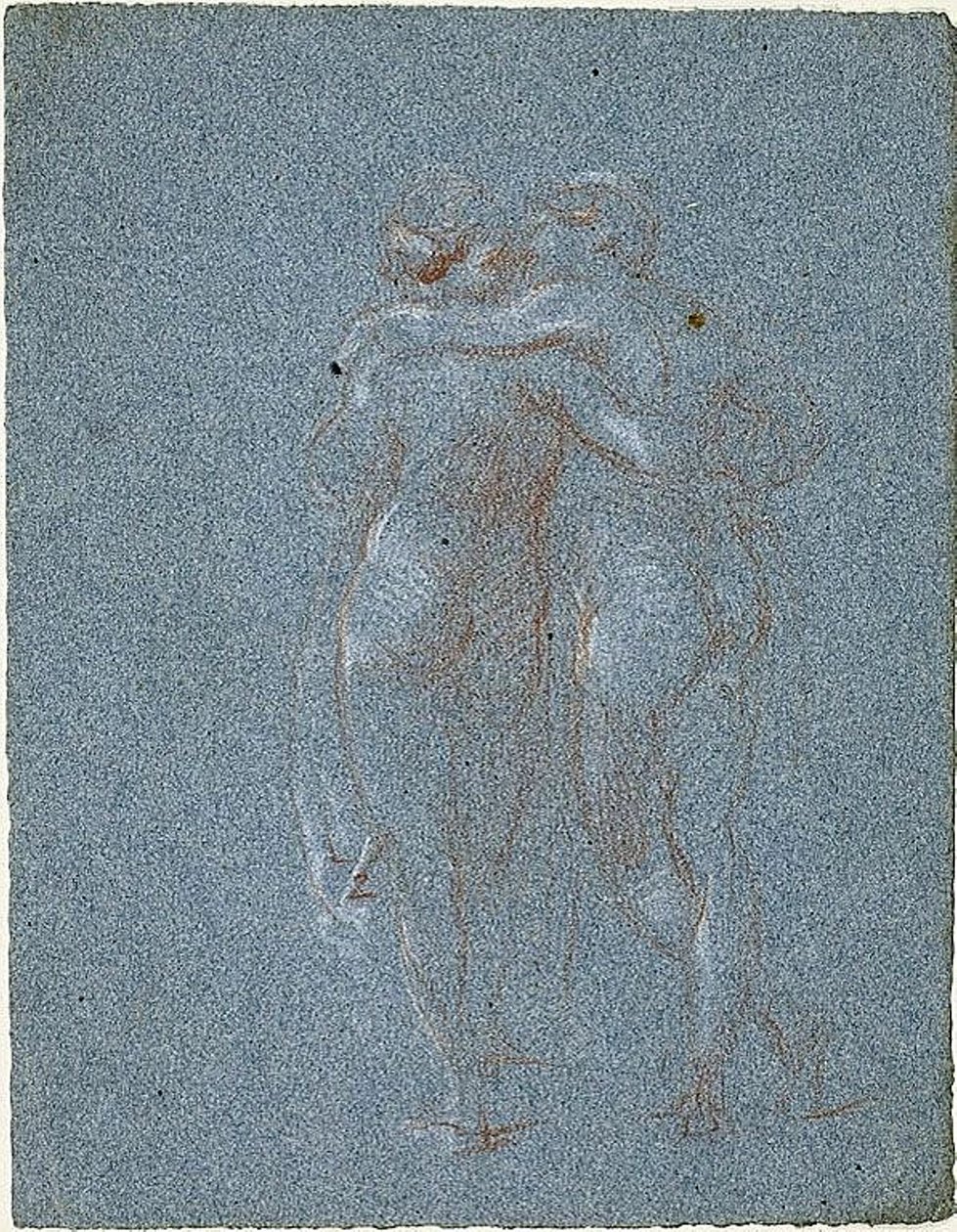 Kaksi seisovaa hahmoa, syleilevät (recto); Mies viikate ja rakennusluonnokset (käänteinen) tekijältä Jean Baptiste Carpeaux
