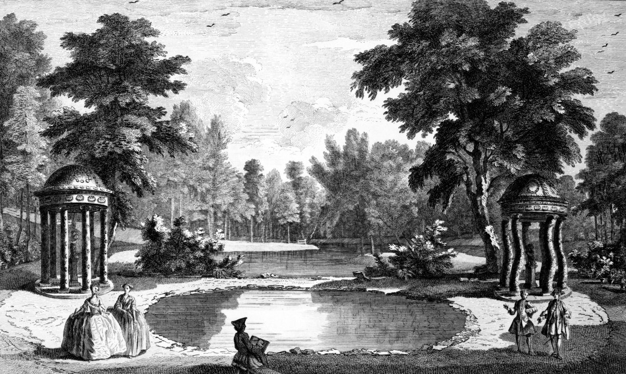 Näkymä luolalle ja kahdelle kuoritemppelille, Stowe House Gardens, kaivertanut George Bickham, 1753 tekijältä Jean Baptiste Claude Chatelain