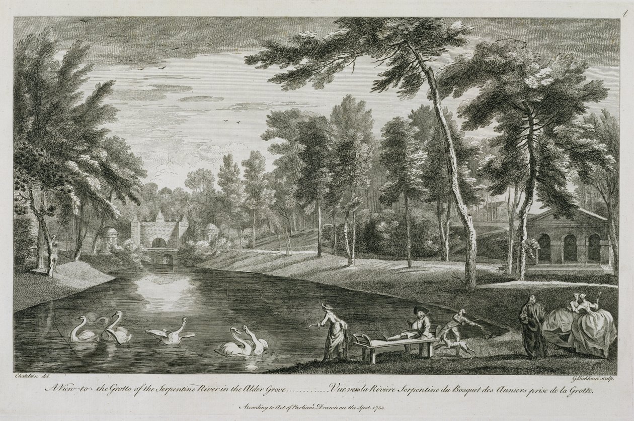 Näkymä Serpentine-joen luolalle Alder Grovessa Stowessa, 1753, kaivertanut George Bickham tekijältä Jean Baptiste Claude Chatelain