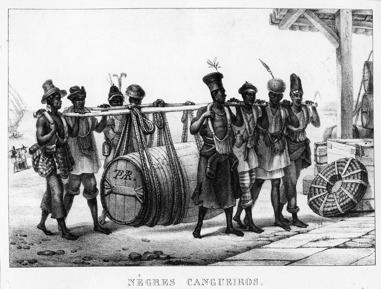 "Black Cangueiros" - Mustat portterit kantavat tynnyriä, kaiverrus Thierry Freres (fl.1827-45), 1835 tekijältä Jean Baptiste Debret