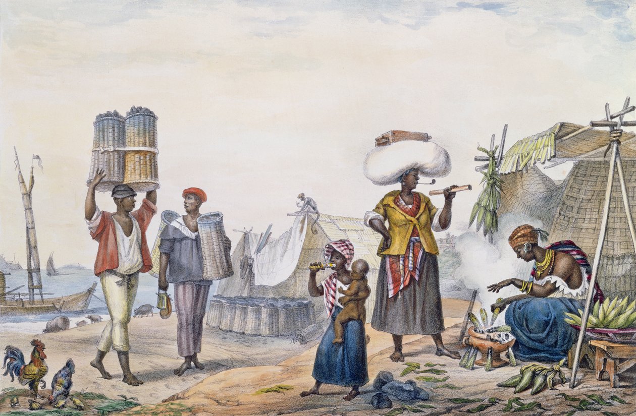 Mustat ihmiset, jotka myyvät hiiltä ja maissia, teoksesta "Mainaismainen ja historiallinen matka Brasiliaan", kaiverrus Thierry Freres, 1839 tekijältä Jean Baptiste Debret