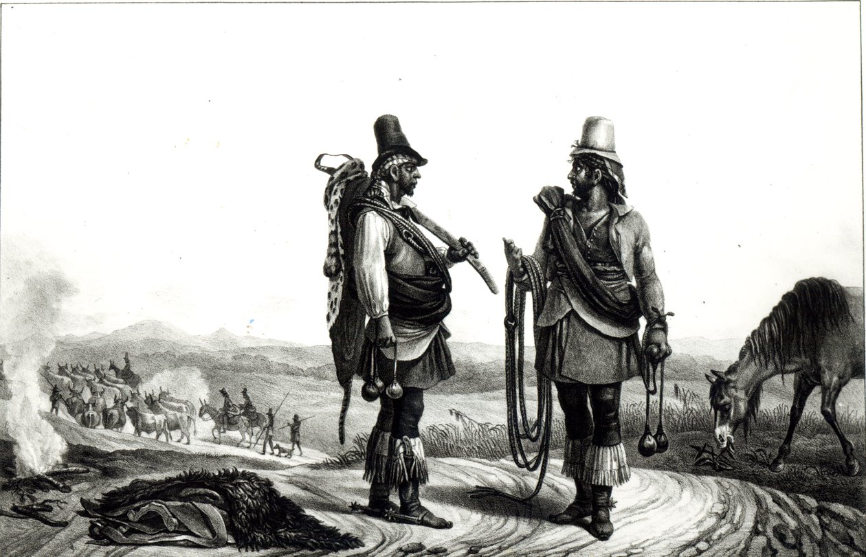 Charrua Indians kirjasta "Voyage Pittoresque et Historique au Bresil", kaiverrus C. Motte tekijältä Jean Baptiste Debret