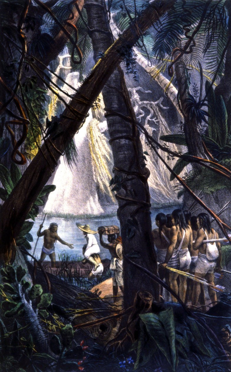 Goyana-intiaanit Amazonin metsässä. Litografia 1839 tekijältä Jean Baptiste Debret