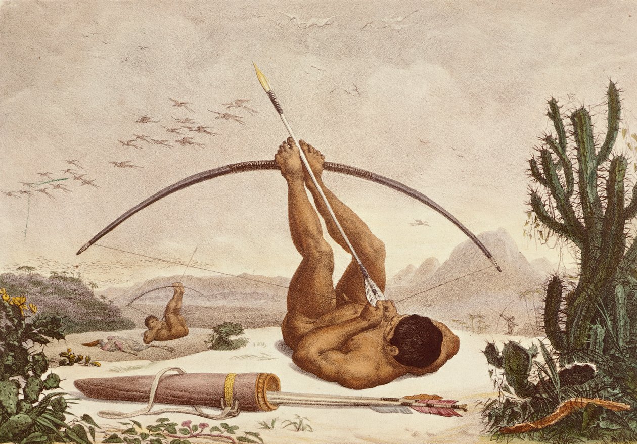 Alkuperäiset jousimiehet, kuvitus matkasta Brasilian sisämaassa tekijältä Jean Baptiste Debret