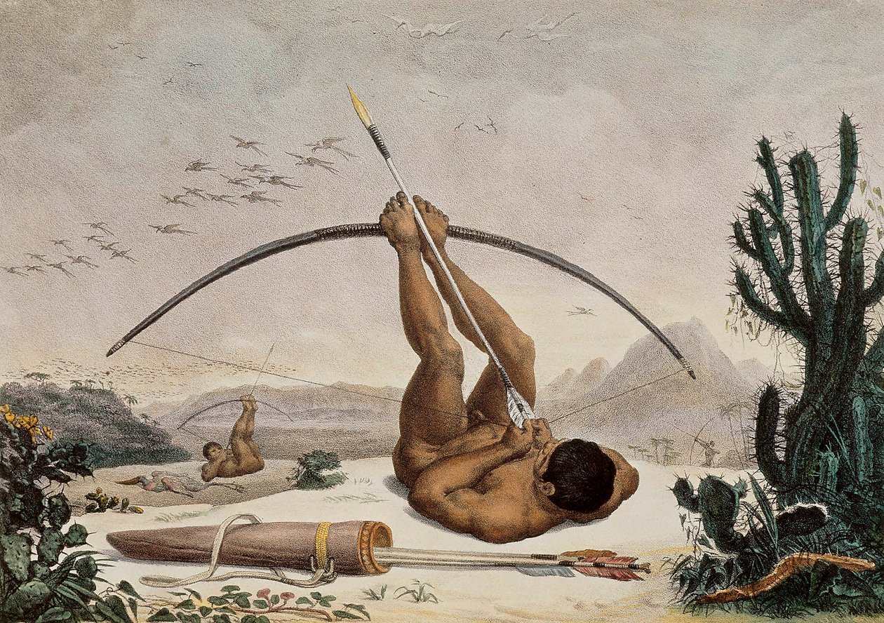 Alkuperäiset jousimiehet, kuvitus matkasta Brasilian sisämaassa, 1834 tekijältä Jean Baptiste Debret