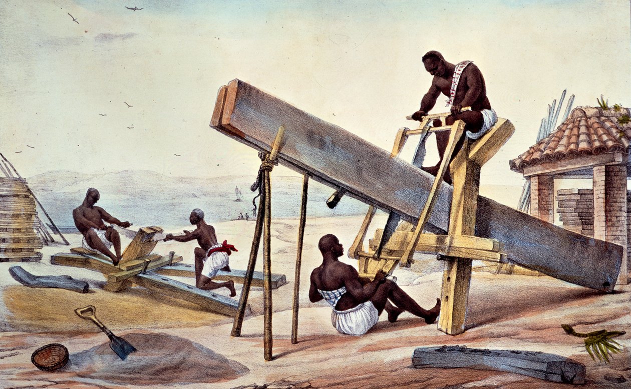 Orjapuunhakkaajat, teoksesta "Picturesque and Historical Journey to Brasilian", kaiverrus Thierry Freres, 1835 tekijältä Jean Baptiste Debret