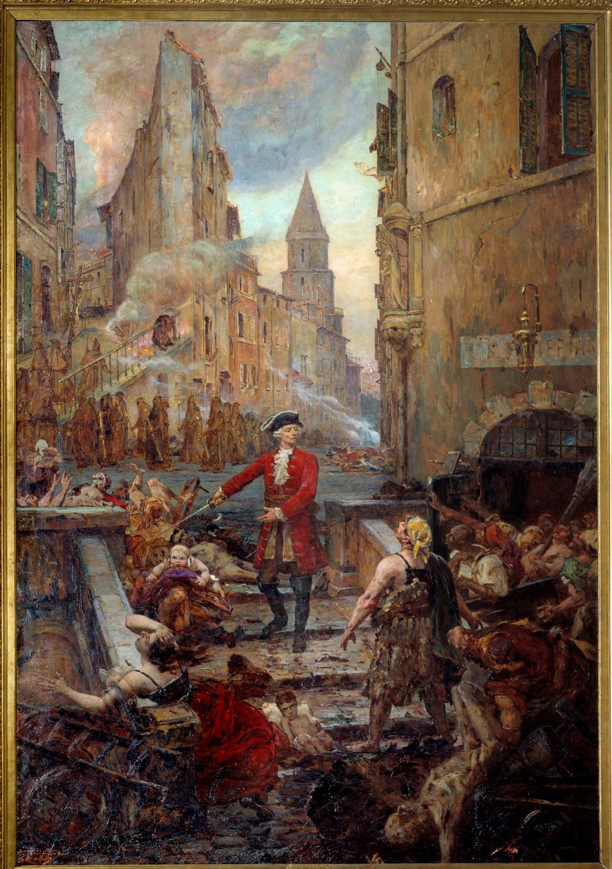 Chevalier Roze Montee des Aroulesissa Marseillessa Nicola Roze (1675-1733) vapauttaa Marseillen Armoulesin kaupunginosan tuhoeläinten ruumiista vuoden 1720 suuren ruton aikana. Jean-Baptiste Duffaud