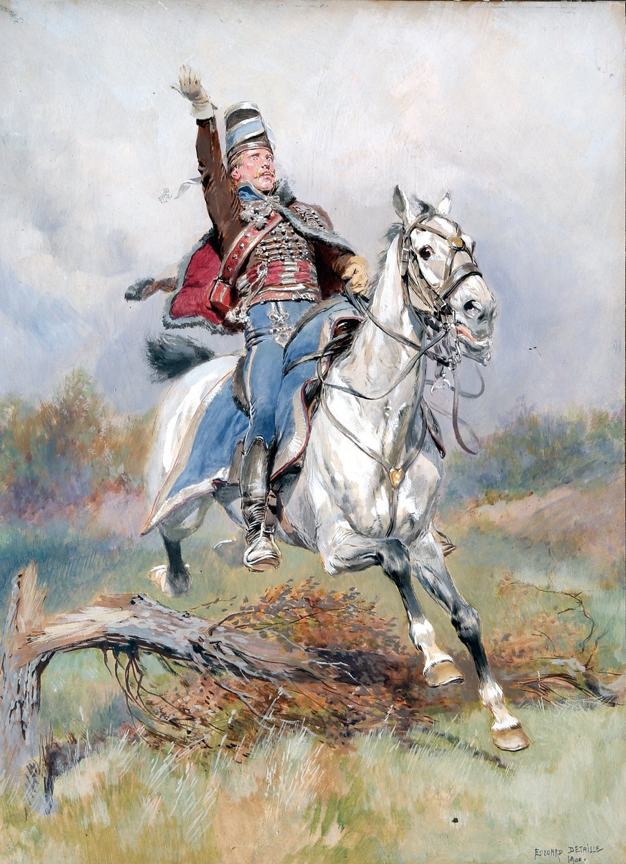 Ranskalainen ratsumies hevosen selässä, 1900 (wc & guassi paperille) tekijältä Jean Baptiste Edouard Detaille