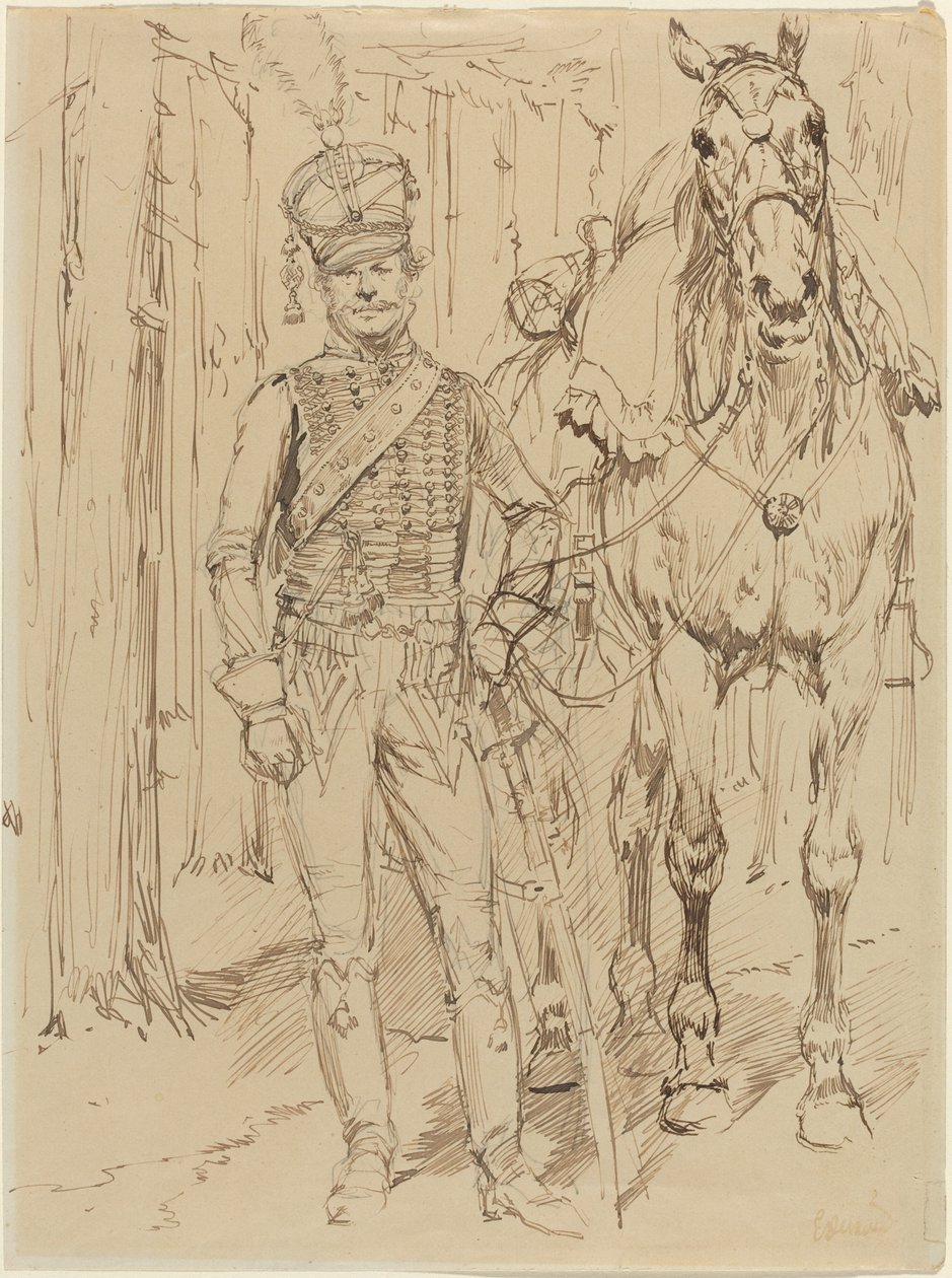 Ranskan husaari, joka johtaa hevosta tekijältä Jean Baptiste Edouard Detaille