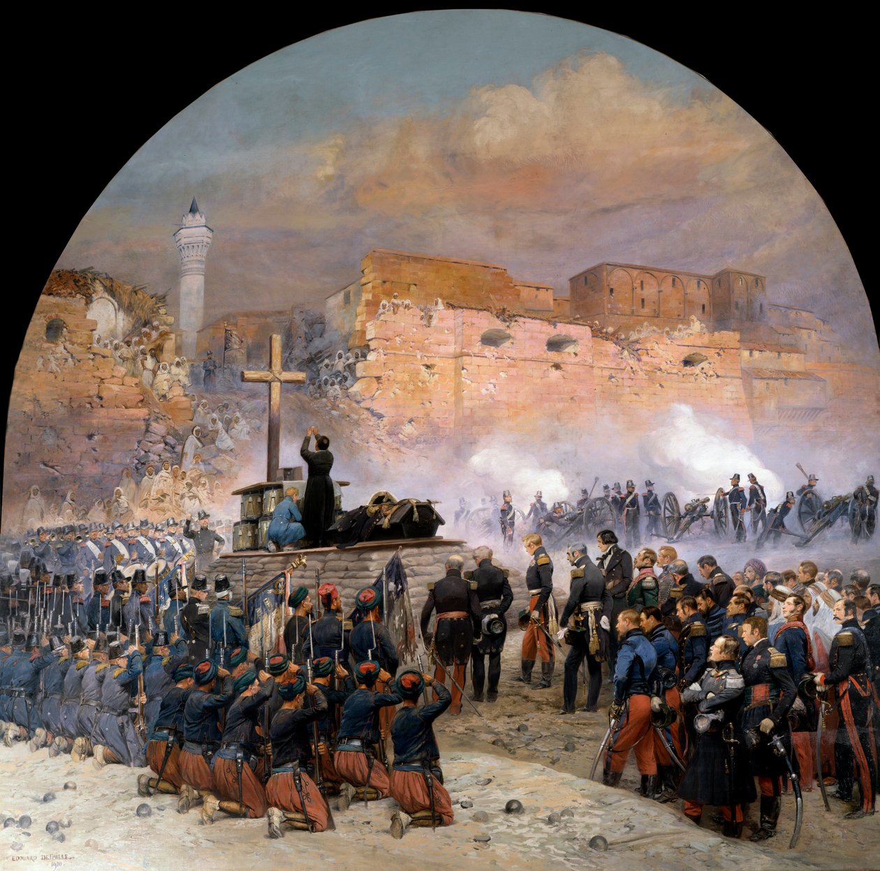 Constantinuksen retkikunta Algerian valloituksen aikana (1830-1847): "" Kenraali Denis de Damremontin (1783-1837) hautajaiset (hautajaiset) vietettiin 18.10.1837 Constantinuksen rintakehän edessä Algeriassa seuraavana päivänä. hyökkäys”” Edoun maalaus tekijältä Jean Baptiste Edouard Detaille