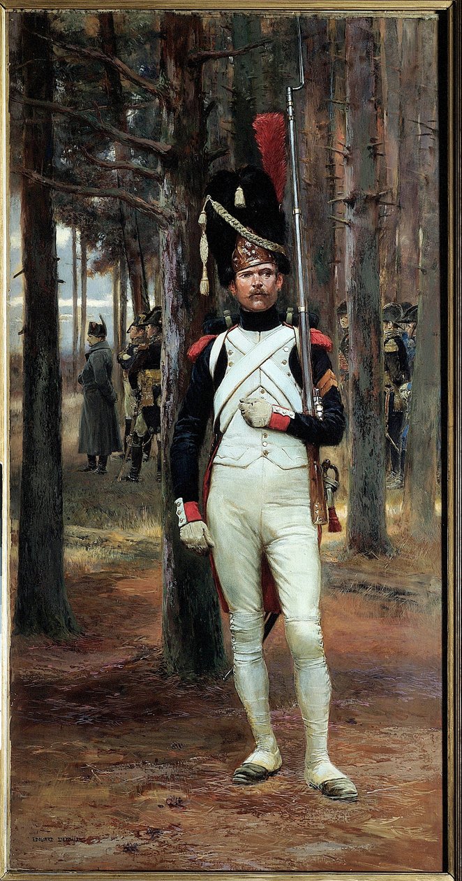 Grenadier Imperialen vartijan jaloissa vuonna 1806 Edouard Detaillen maalaus (1848-1912) Sun. 1,10 x 0,58 m Pariisi. Armee museo tekijältä Jean Baptiste Edouard Detaille