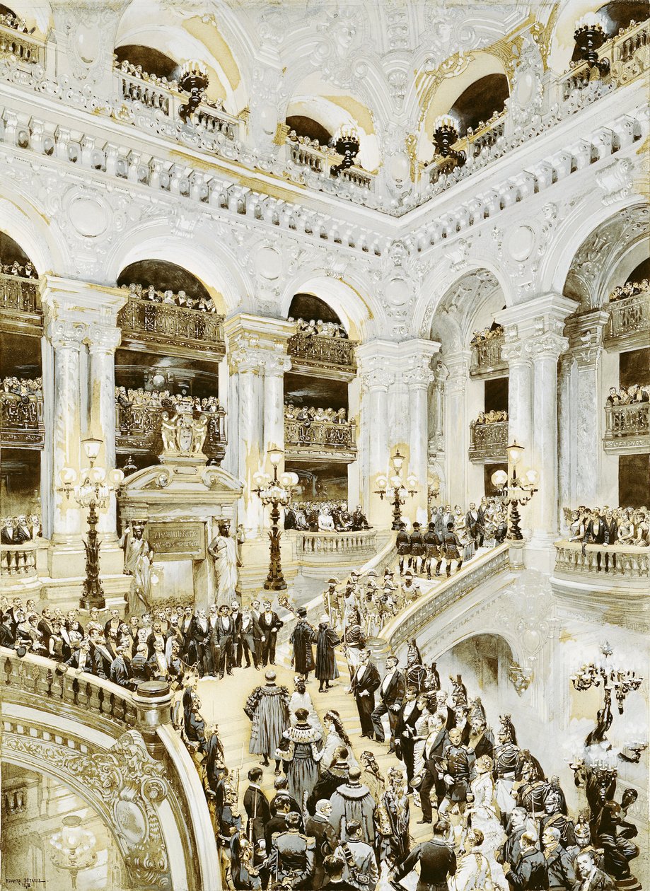 Pariisin oopperatalon avajaiset 5. tammikuuta 1875 1878 (wc ja valkoinen paperilla) tekijältä Jean Baptiste Edouard Detaille