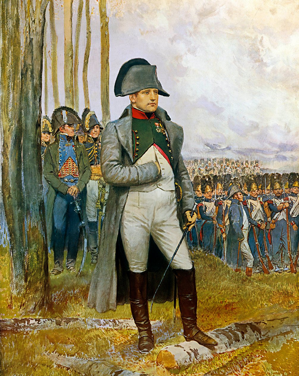 Napoleon I ja hänen henkilökuntansa katselemassa keisarillisen vartijan granaattiomenia - Edouard Detaillen (1848-1912) akvarelli- ja guassimaalaus pahville 1911 Su. 0,73x0,54 m - Pariisi, Musee de l