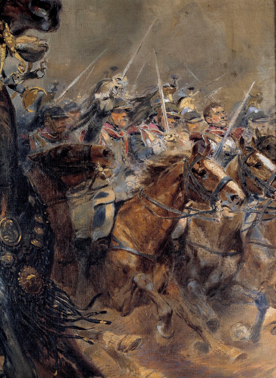 Napoleonin sota: "" Kenraali Antoine Charles Comte de Lasallen (1775-1809) viimeinen panos, kuoli Wagramissa 6. heinäkuuta tekijältä Jean Baptiste Edouard Detaille