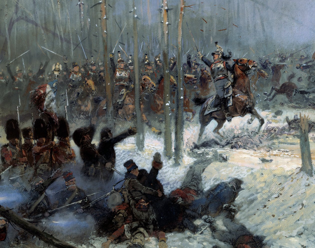 Venäjän kampanja vuonna 1812: "" Eversti Duboisin 7. taistelulaivan panos la Berezinassa (Beresina) 28.11.1812 Venäjällä"" Yksityiskohta. Jean-Baptiste-Edouard (Jean Baptiste Edouard) Detaillen (1848-1912) maalaus 1800-luvulta. Pariisi, Musee de l