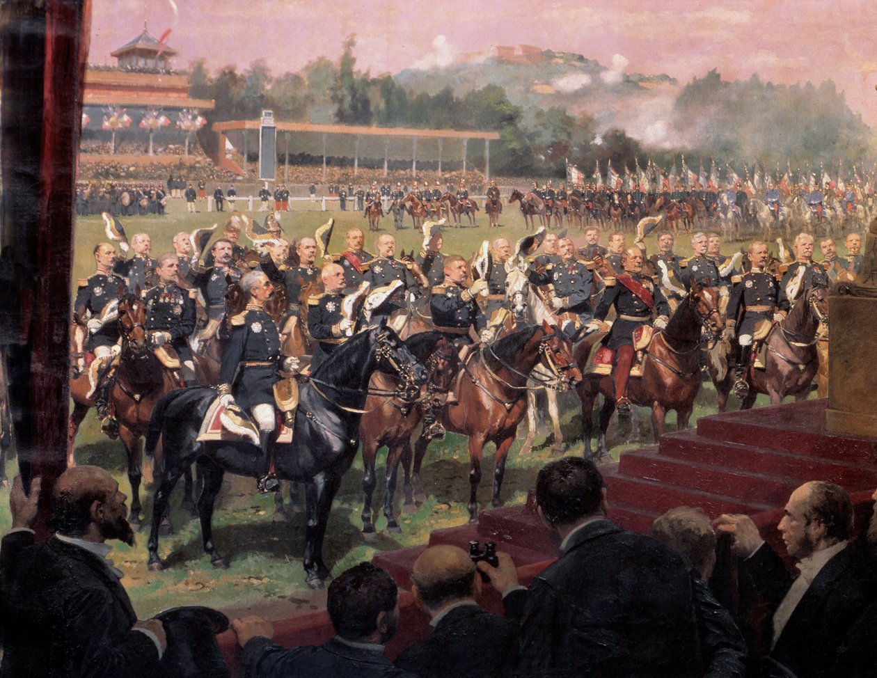 Presidentti Jules Grevy jakoi lippuja Longchampissa Leon Gambettan läsnäollessa 14. heinäkuuta tekijältä Jean Baptiste Edouard Detaille