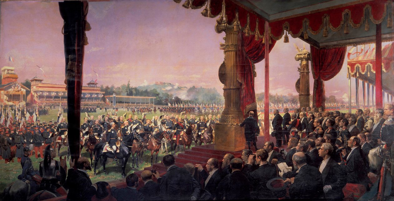 Presidentti Jules Grevy jakoi lippuja Longchampissa Leon Gambettan läsnäollessa 14. heinäkuuta 1880. Kenraalit tervehtivät valtionpäämiestä, ryhmät Marechal Canrobertin ympärillä. Edouard Detaillen maalaus (1848-1912) tekijältä Jean Baptiste Edouard Detaille