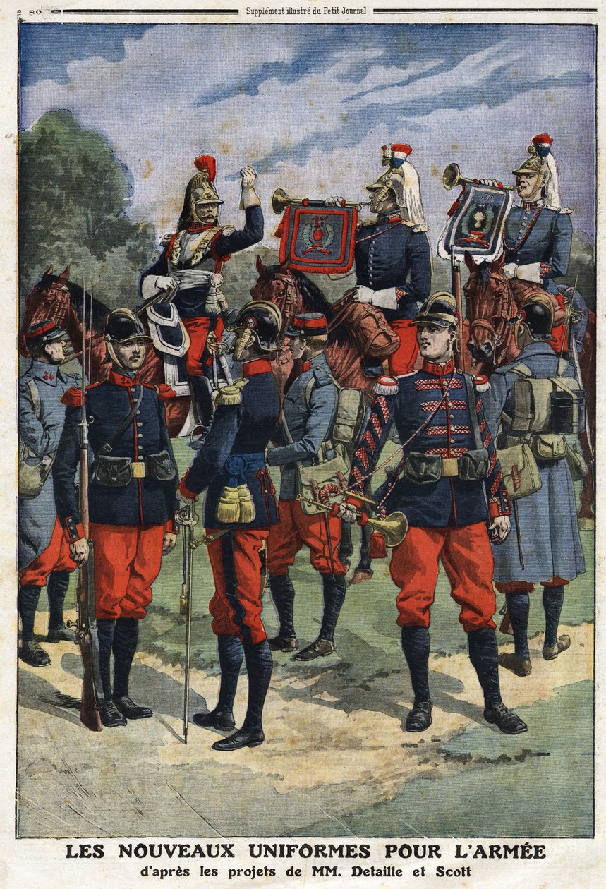 Ranskan armeijan uudet univormut maalarit Edouard Detaillen (1848-1912) ja Georges Bertin Scottin (1873-1942) projektien jälkeen nimeltä Scott de Plagnolles. Kaiverrus "" Le Petité Journal" -lehdessä, 10.3.1912. Yksityinen kokoelma. tekijältä Jean Baptiste Edouard Detaille