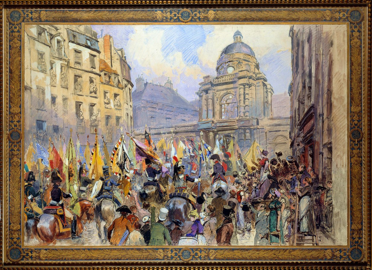 Antautuminen Trophees-senaatille Ulmin ja Austerlitzin taistelun jälkeen vuonna 1806 Esquisse, Edouard Detaillen (1848-1912) akvarelli tekijältä Jean Baptiste Edouard Detaille