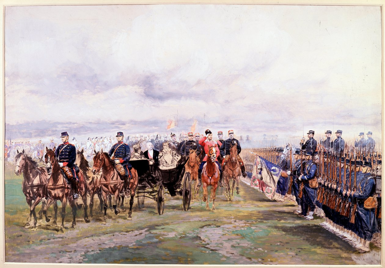 Tsaari Nicolas tarkastelee joukkoja Felix Fauren kanssa Chalon-sur-Marnessa vieraillessaan Ranskassa 9. lokakuuta tekijältä Jean Baptiste Edouard Detaille